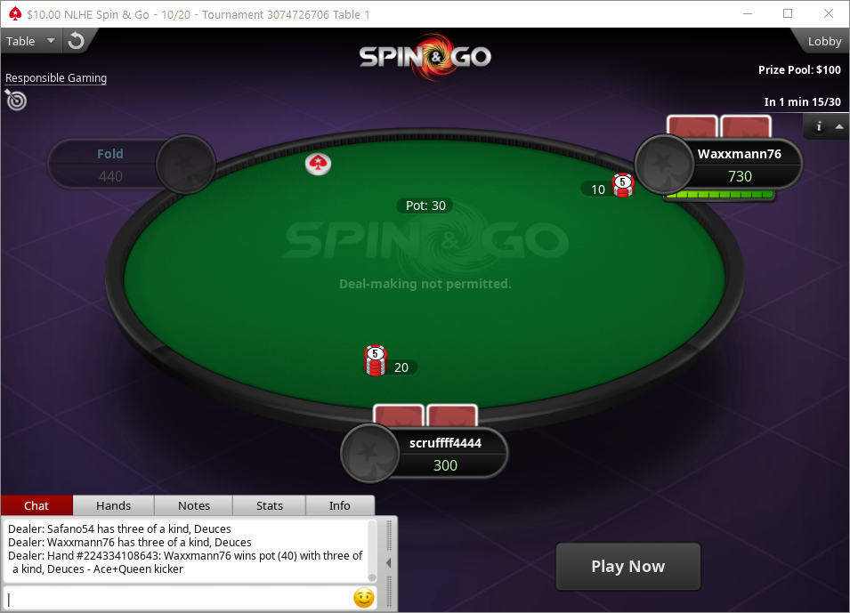 A real money Spin and Go running on PokerStars MI